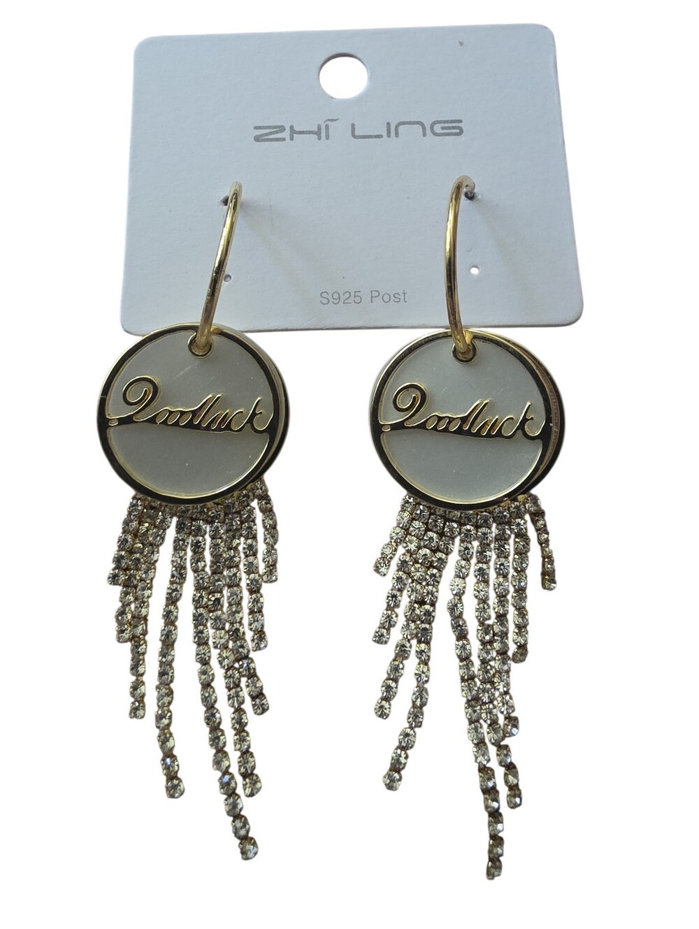 Gold-Tone 'Good Luck' Crystal Fringe Drop Earrings